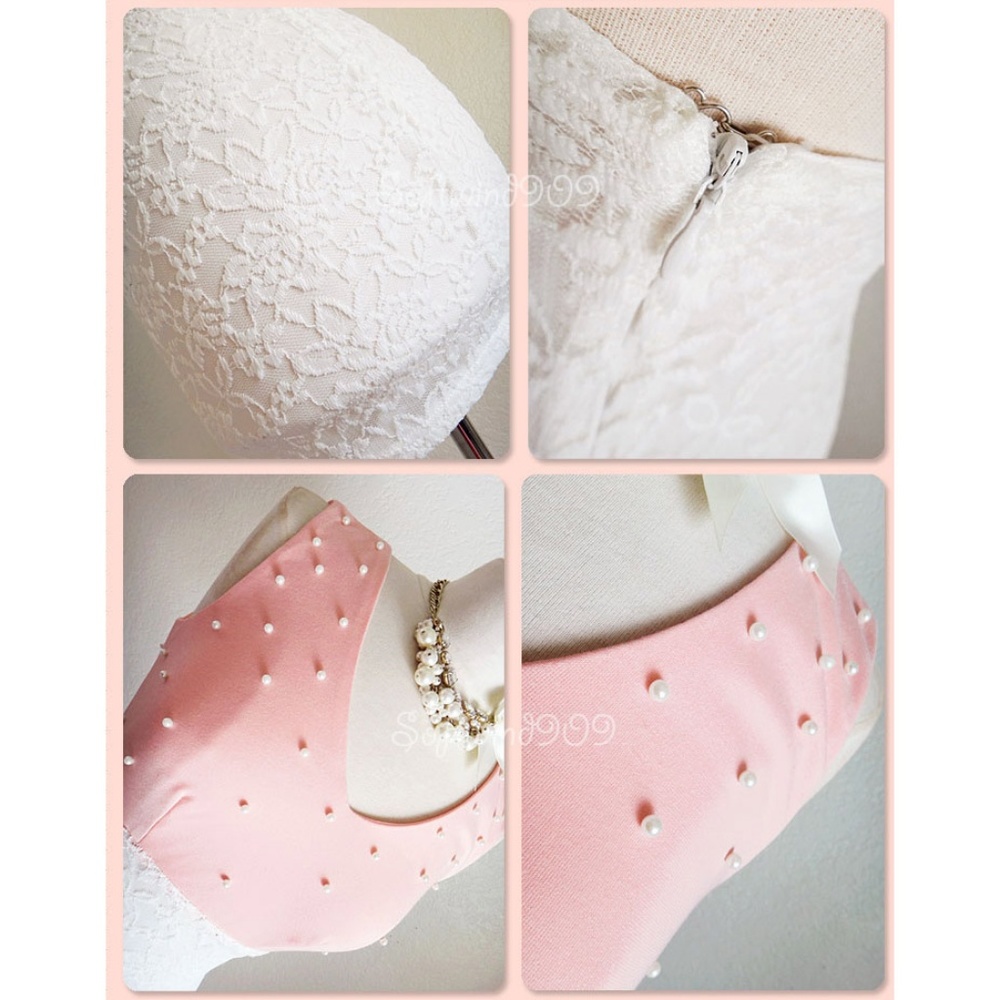 Last☝️ Pink Ivory Pearl Lace Fitted Bodycon Dress - Picture 6 of 8